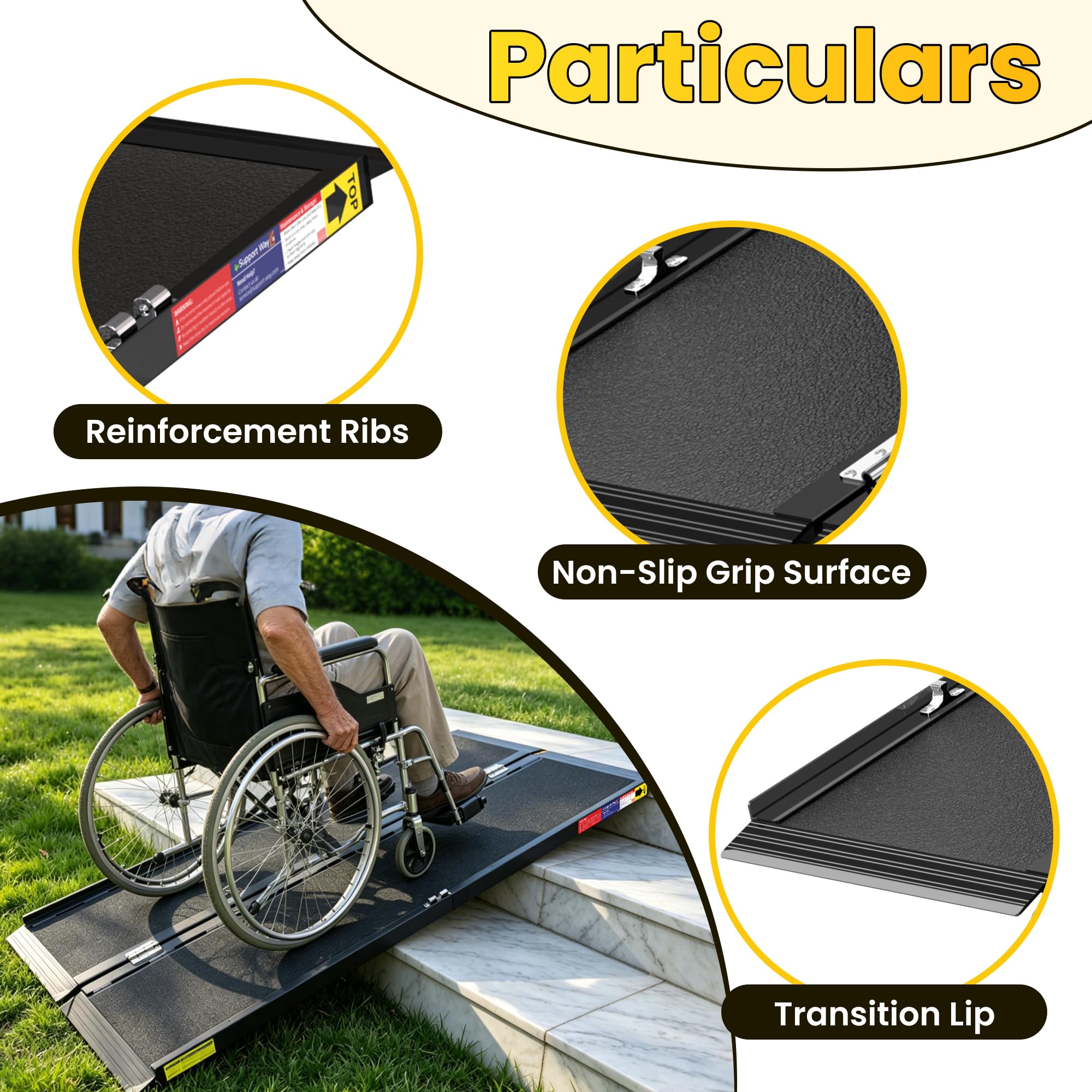 Nelyrho Rampa plegable de aluminio para silla de ruedas de 5 pies, superficie antideslizante, diseño de bloqueo rápido, rampa de umbral portátil para escalones y puertas del hogar, color negro