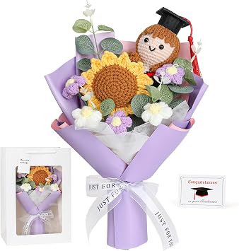 2026 Graduation Gift, Handmade Crochet Flower Bouquet with Sunflower & Daisy, Soft Knitted Floral Arrangement for Girl, Women & Graduation Gifts, Long-Lasting Keepsake for Her Purple