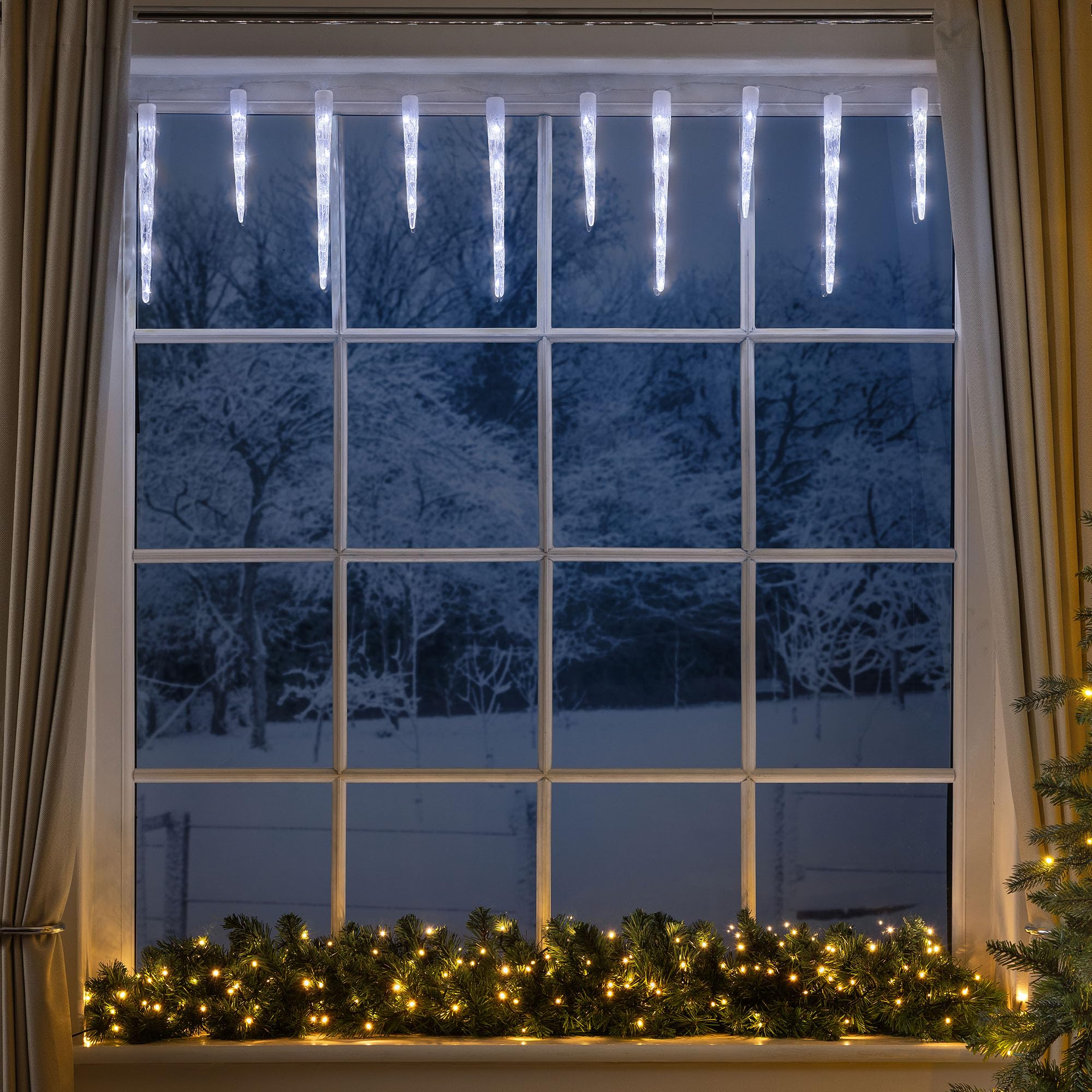 Christow White Christmas Icicle Lights 40 Leds, 3M Lit Length, Indoor & Outdoor, Battery Operated With Timer, 8 Flash Lighting Modes With Memory, 10 Acrylic Icicles, Xmas Ice Decorations