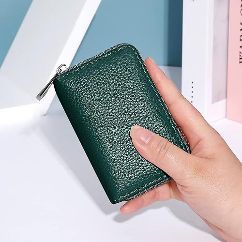 Miniatura 5 de FEITH&FELLY Cartera de cuero genuino para tarjetas de crédito RFID con cremallera pequeña para mujeres y hombres, Verde oscuro, Classic