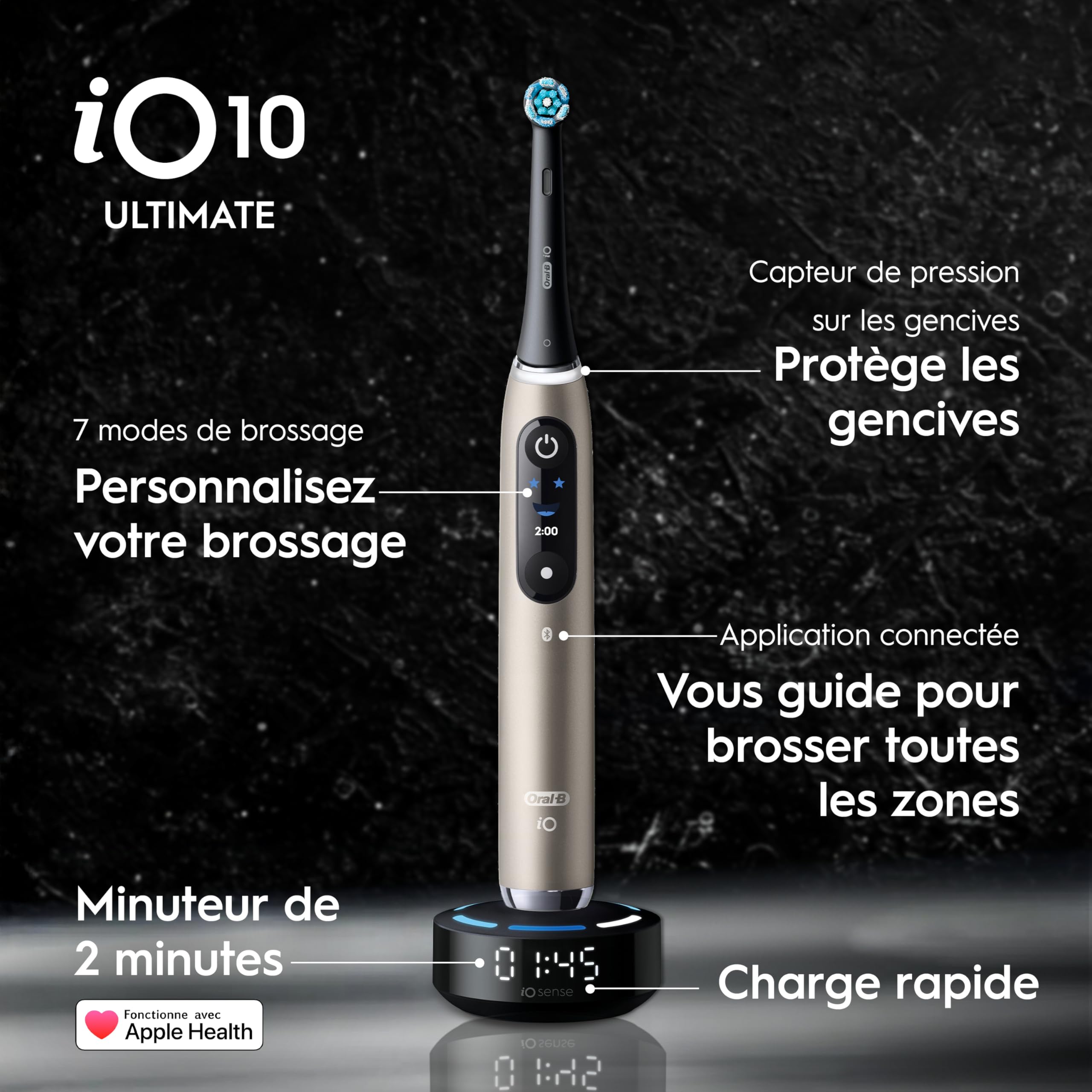 Oral-B Brosse à Dents Electrique iO 10, Brossette de Rechange, Or Lunar Gold – 7 Modes dont Blancheur et Soin des Gencives, Capteur de Pression, Batterie Rechargeable, Coach de Brossage, Etui