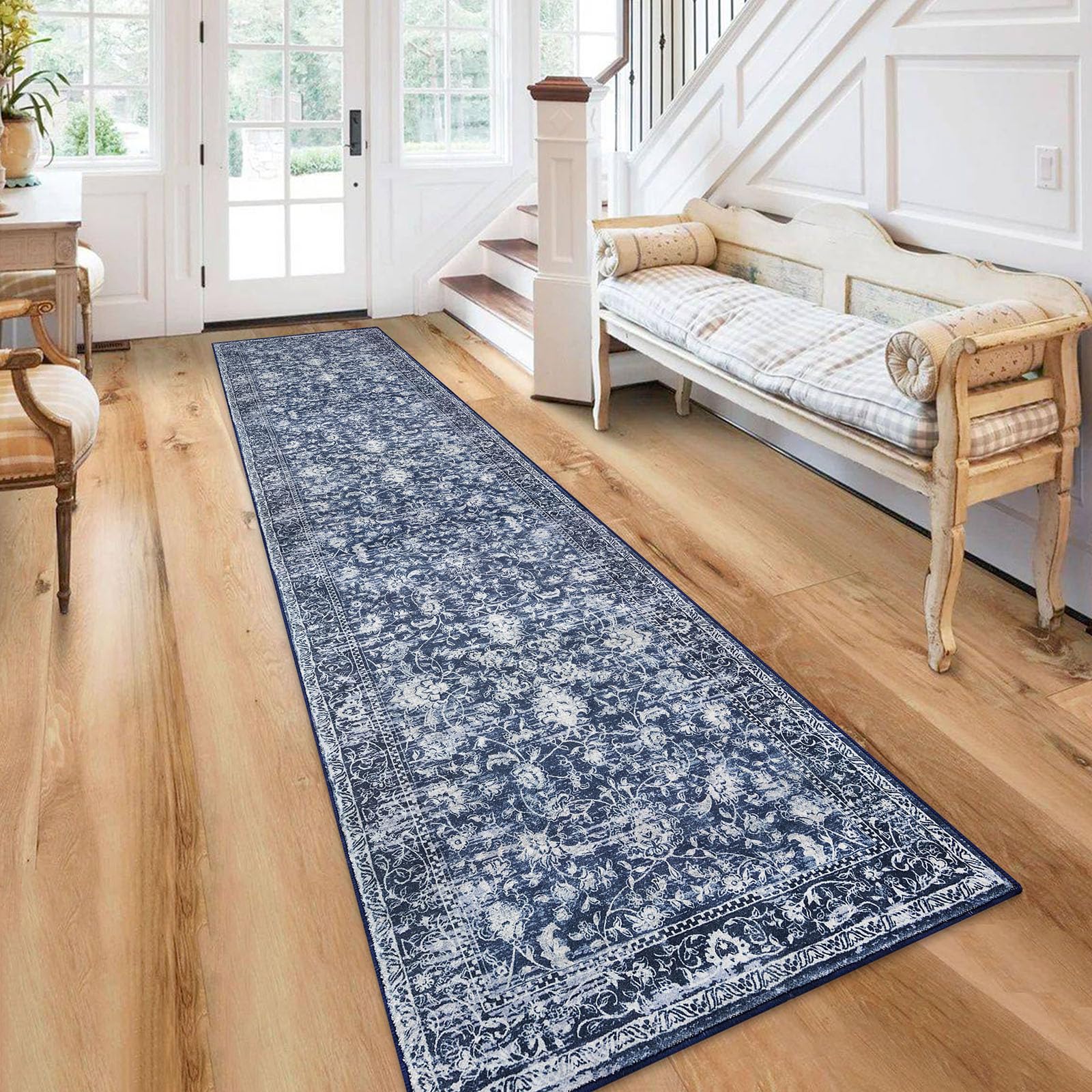KILOCOCO Runner for Hallway 2.6x12 Runner Rug Printed Vintage Floral Washable Rug Kitchen Runners Soft Non-Slip Low Pile Hallway Runners Laundry Room