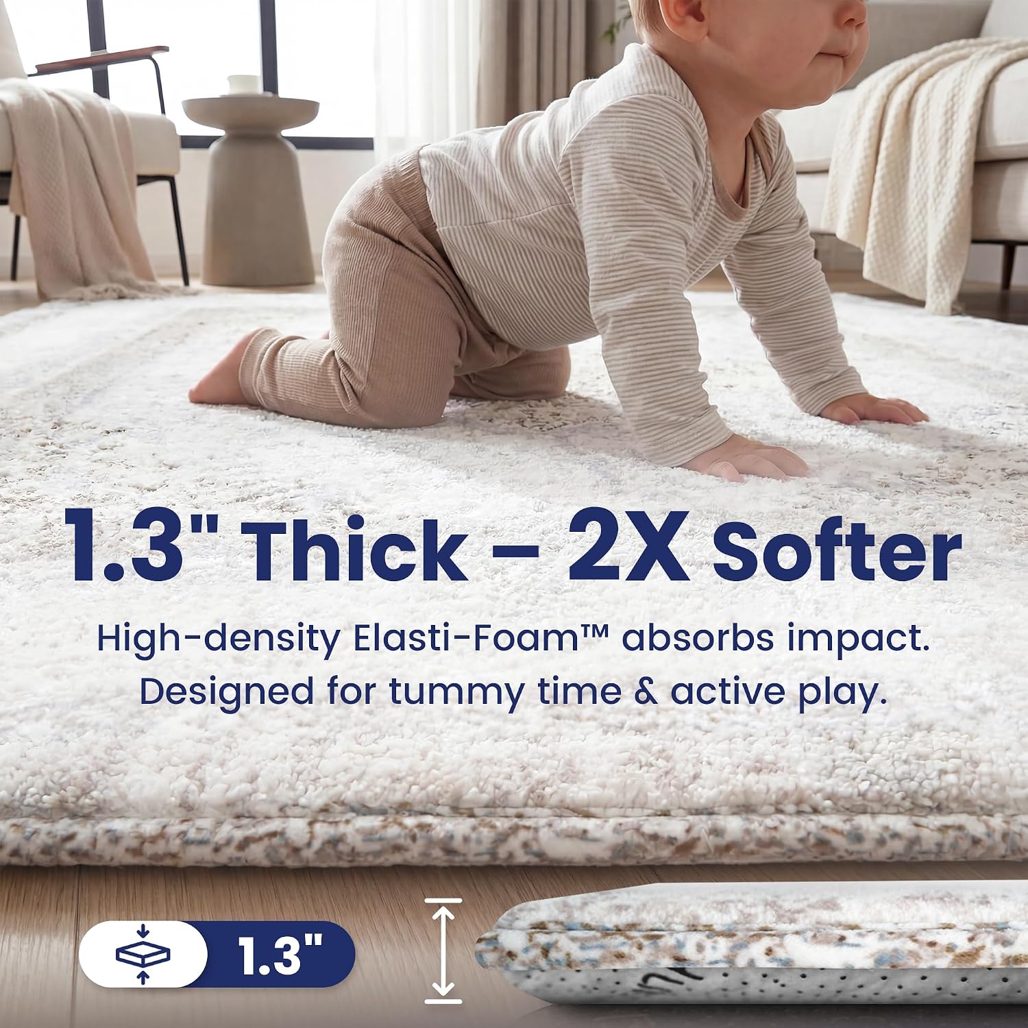 Huloo Sleep Baby Play Mat for Floor - 79x118 Inches 1.3" Thick Elasti-Foam Playpen Mat for Toddlers Infant Kids, Water-Repellent Nursery Rug, Non-Slip Backing for Crawling & Tummy Time, Brown Rustic