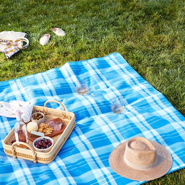 Amazon Basics Coperta da picnic con retro impermeabile, 200 x 200 cm, Blu - 2