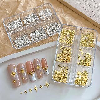 2 Boxes Star Nail Charms, Silver and Gold Nail Art Charms Bulk for DIY 3D Nail Art Decoration & Charms for Nails Design with Pickup Pen & Tweezers