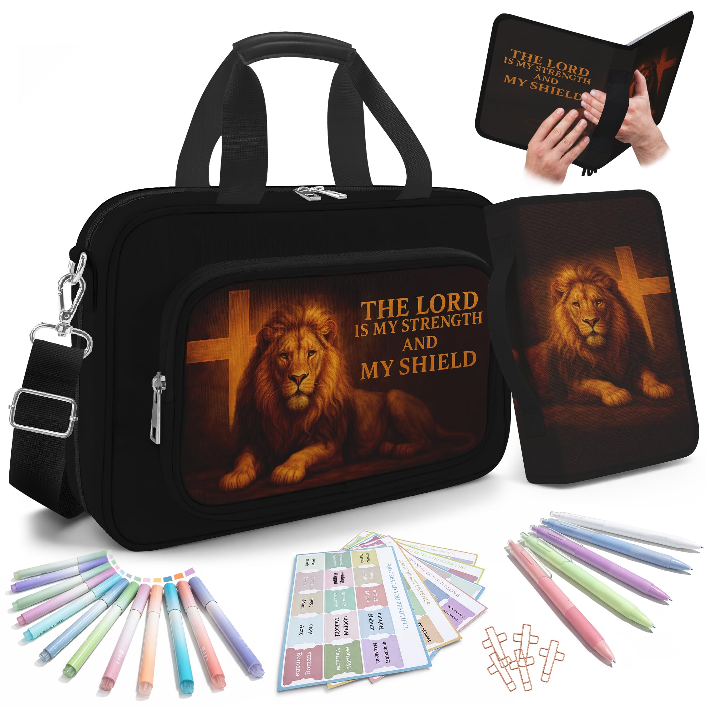 bolimoss Lion Cross Bible Cover for Men Boys, Large Bible Case with Zipper Pockets, Bible Carrying Case with Shoulder Strap Handle, Bibie Accessories with Pens Highlighters Cross Clip, Christian Gifts