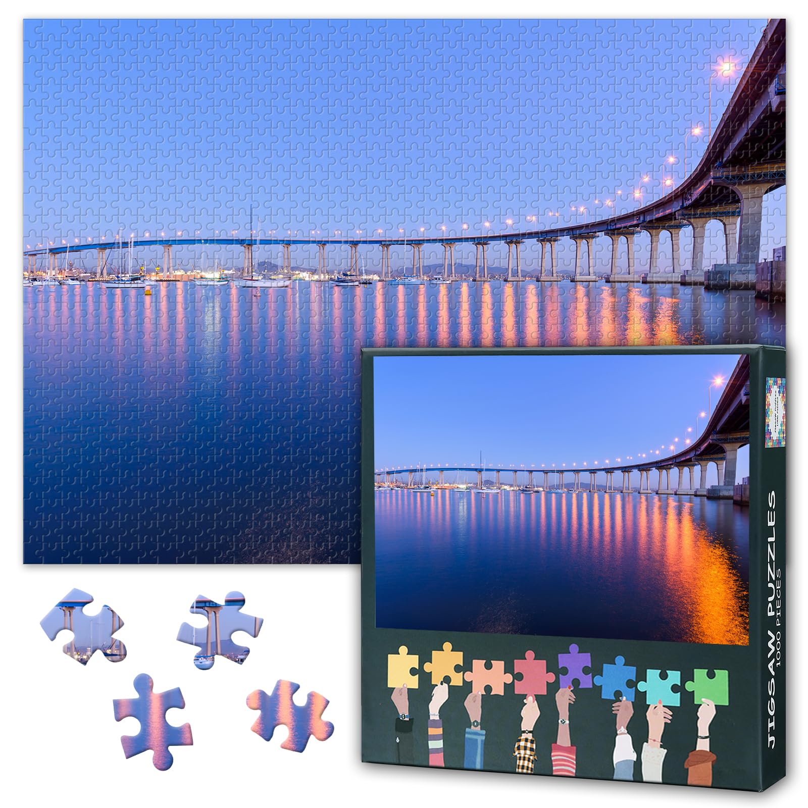 1000 Piece Jigsaw Puzzle for Adults Coronado Bridge at Dusk San Diego Bay California Scenic Cityscape Suspension Bridge Puzzle Wall Art Decor 27.5x19.7 Inch