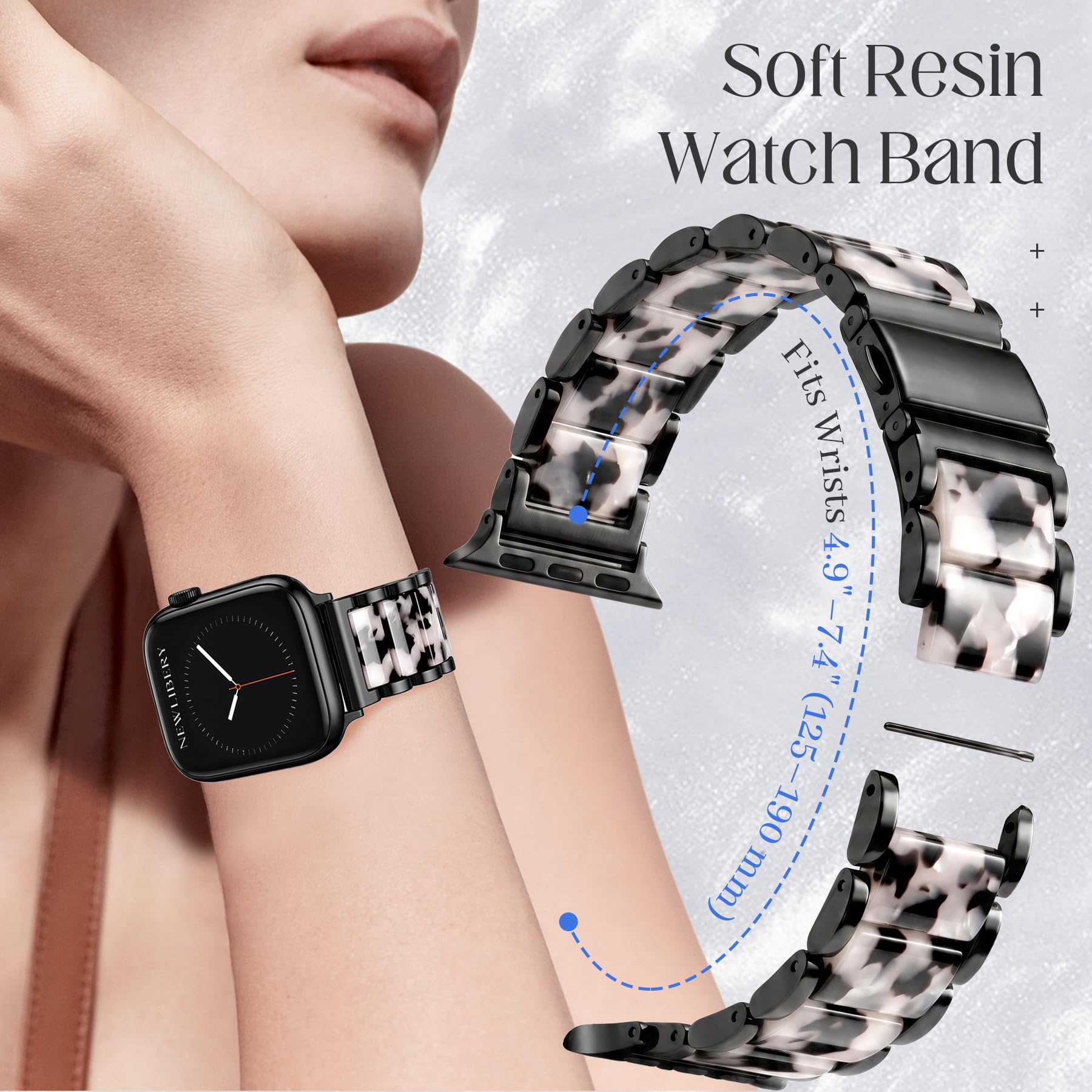 Newlibery Bracelet en résine et métal pour Apple Watch pour femme