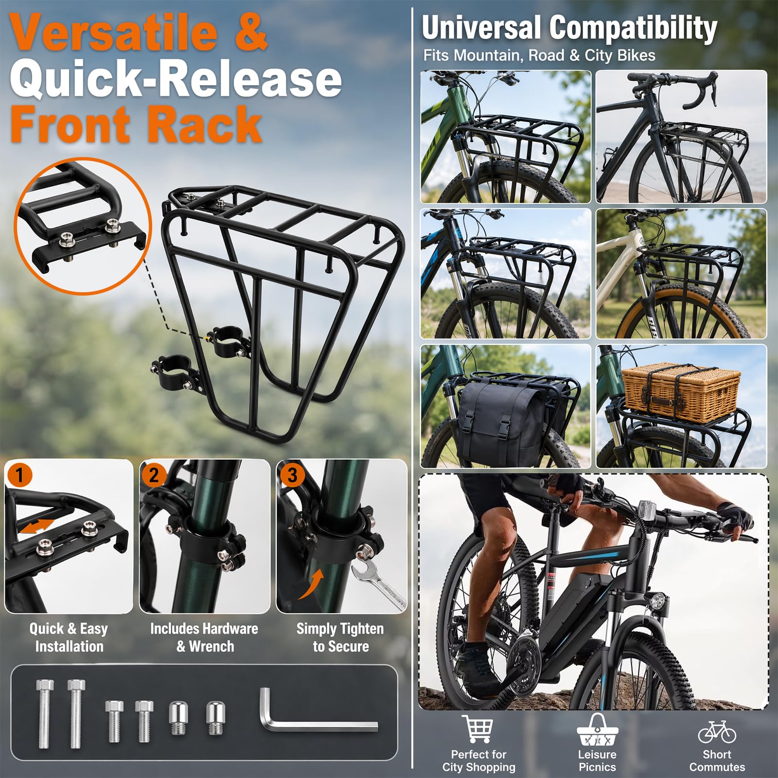 Porte-bagages de vélo, porte-bagages avant et avant pour les randonnées, capacité de charge de 20 kg, porte-bagages avant de vélo pour les trajets sur route