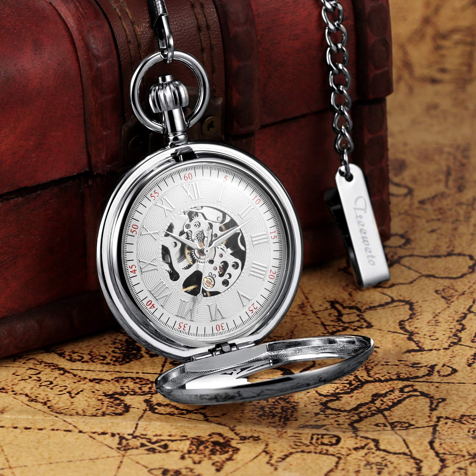 TREEWETO Reloj de Bolsillo Antiguo para Hombre con Cadena, Diseño Retro de Águila y Esqueleto, Mecánico, Cuerda Manual, Números Romanos, Color Plateado