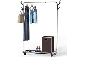 Simple Houseware Industrial Style Tall Clothing Rack With Wheels and Hooks, Black