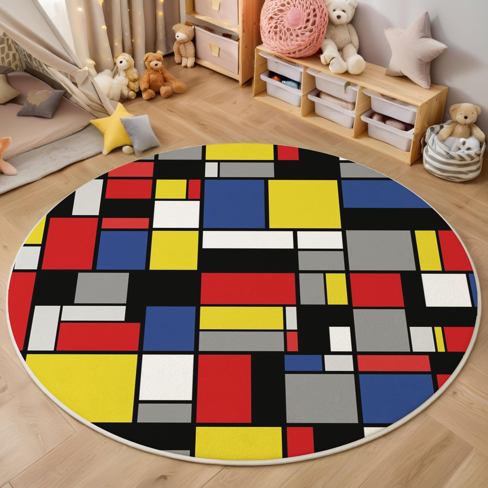 Waschbar Teppich Rund 120cm, rutschfest Dünner Teppich, Gegend Kreis Mehrfarbig Geometrie Raster Farbblock Fußboden Teppiche für Wohnzimmer Schlafzimmer Kinderzimmer