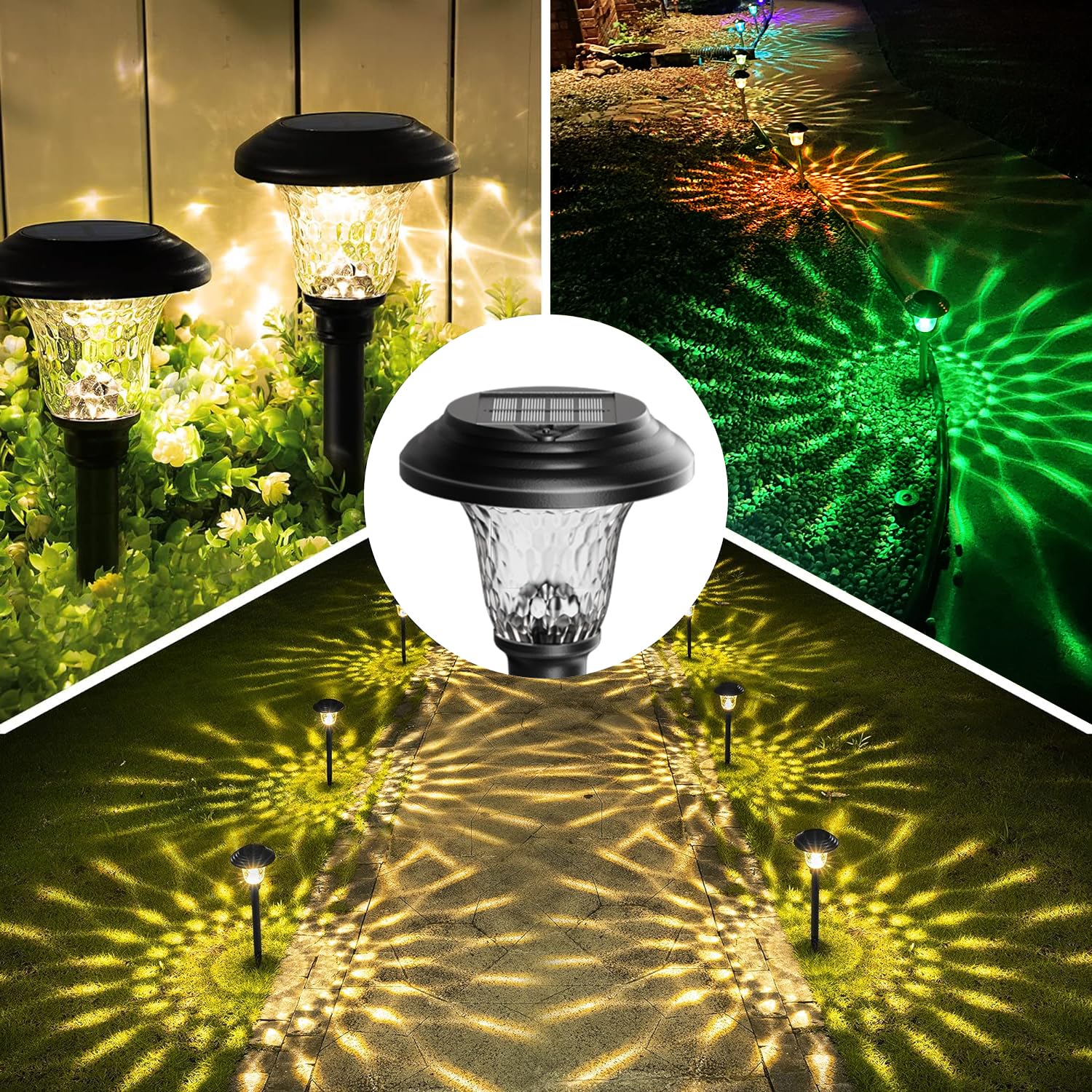Paquete de 8 luces solares de camino para jardín al aire libre, cambio de color, blanco cálido, blanco brillante, IP65, impermeable, acero inoxidable, decorativo, paisaje, camino, patio, luces