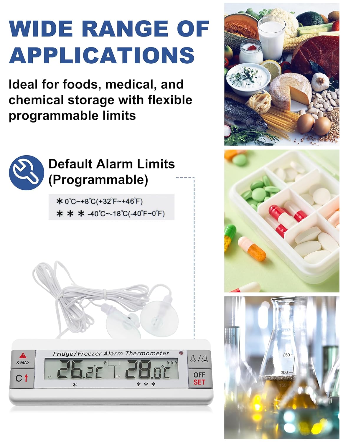 Digital Refrigerator Thermometer 2 Channel Freezer Thermometer with Alarm Sound Reminder Thermometer Fridge with Max/Min Temperature Record Freezer Alarm with Magnetic Back for Home Kitchen