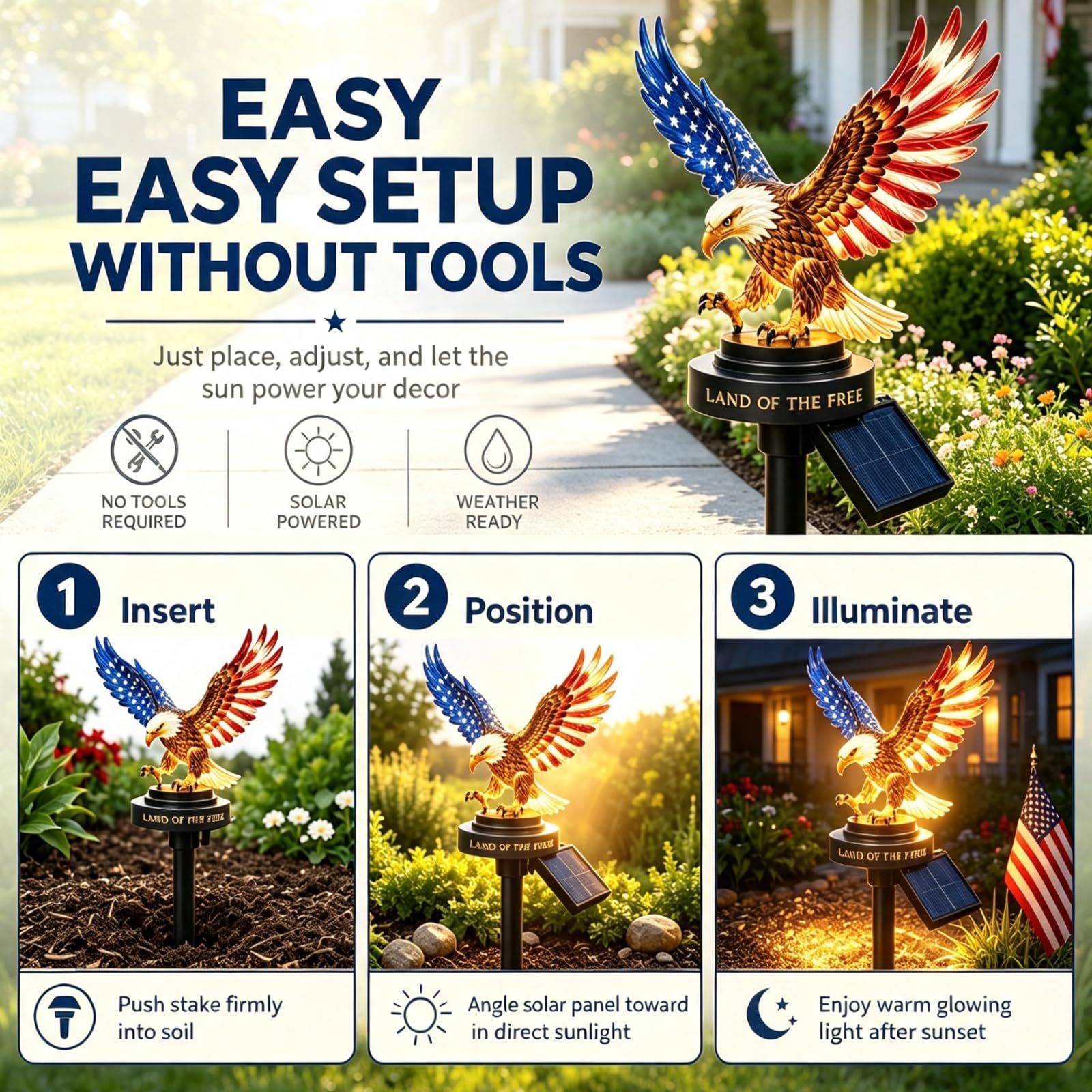 Solar Eagle Garden Stake Light, Patriotic American Eagle LED Yard