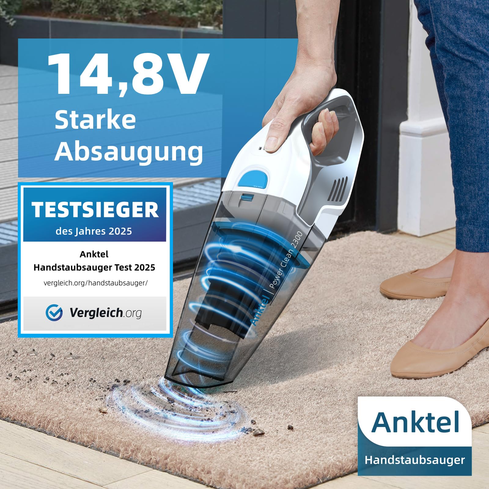 Anktel Handstaubsauger Testsieger mit Ladestation -PowerClean2300- Handstaubsauger Akku Kabellos Nass&Trocken mit Waschbar HEPA-Filter Handsauger Beutellos Staubsauger Ersatzfilter