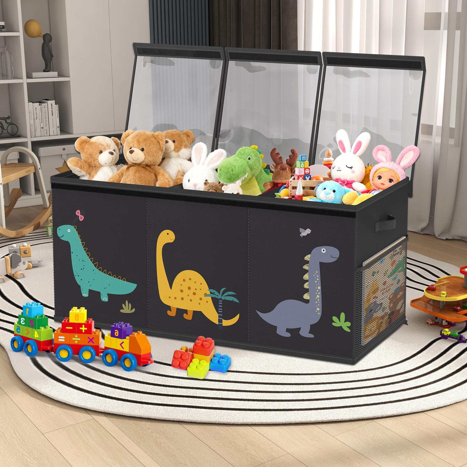 Caja de juguetes con tapa, para habitación infantil, tamaño extragrande, plegable, con asas, separador, para ropa de habitación infantil, color negro