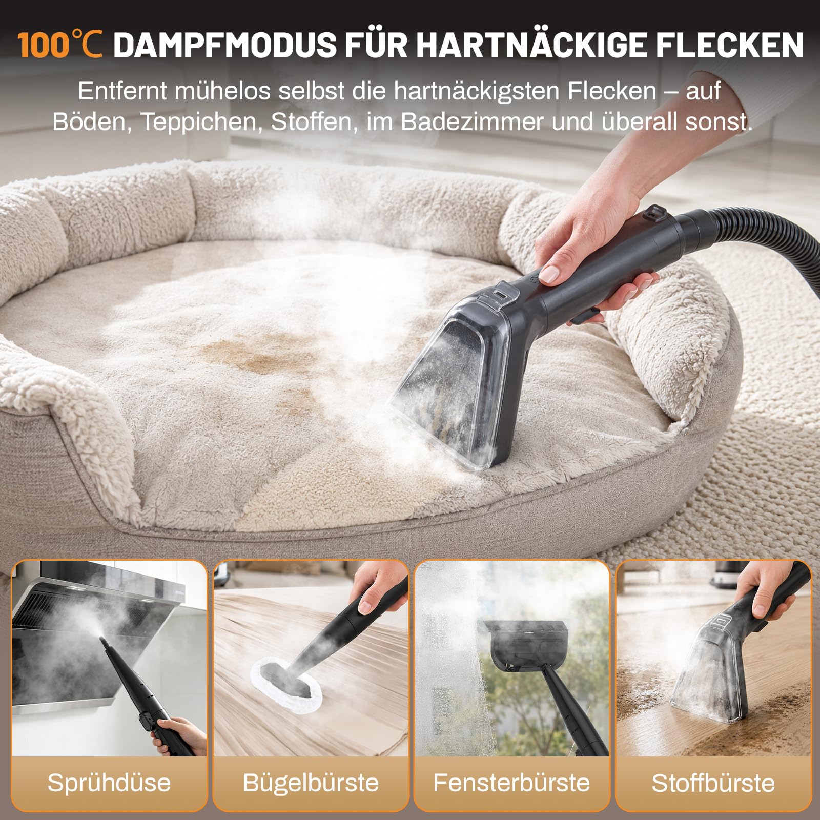 HJH Polsterreiniger Gerät Teppichreiniger 1800W, 100°C Steam Cleaner Schnellheizung, 18Kpa Nasssauger mit Starker Saugkraft, Tragbarer Dampfreiniger für Sofa, Teppich, Polster, Vorhänge, Autositz