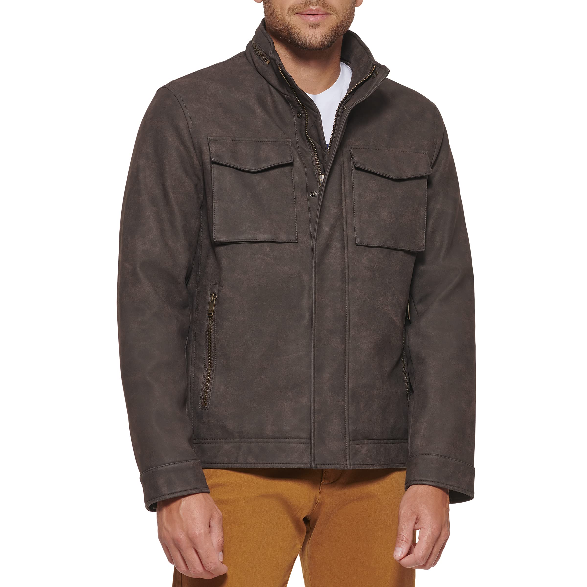 DOCKERS Men's Faux Leather Military Jacket