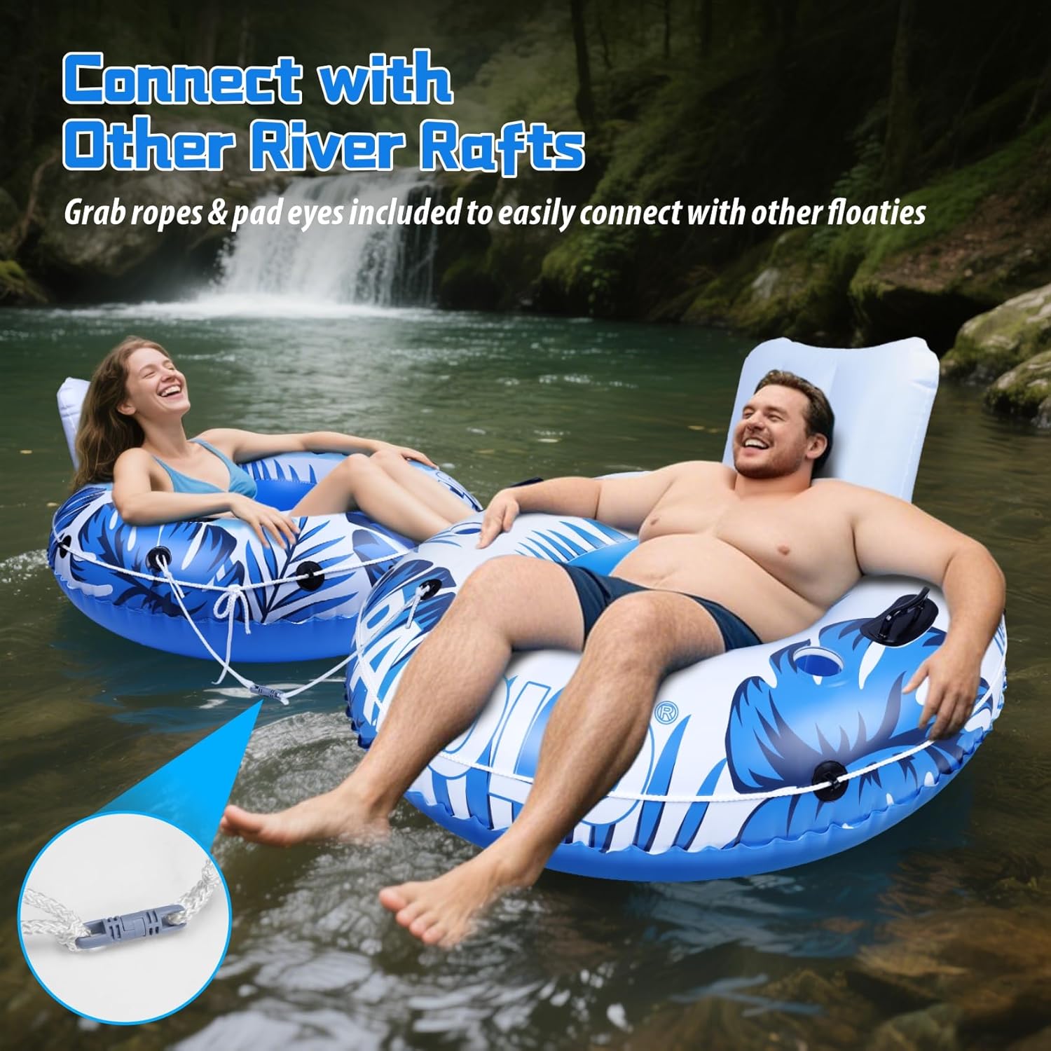Inflatable River Tube Float, 53‘’Pool Float Adult, River Tubes for Floating Heavy Duty with Mesh Bottom, Water Tubes for Beach Lake Rafting, Comfortable Backrest & Cup Holders,450 lbs Weight Capacity