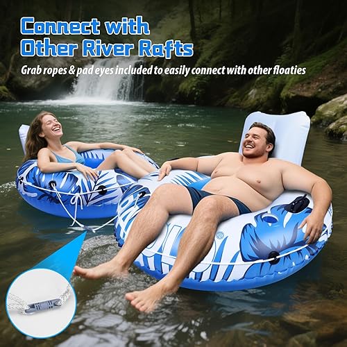 Miniatura 3 de Flotador inflable de tubo de río, flotador de piscina para adultos, tubos de río para flotar resistente con parte inferior de malla, respaldo cómodo
