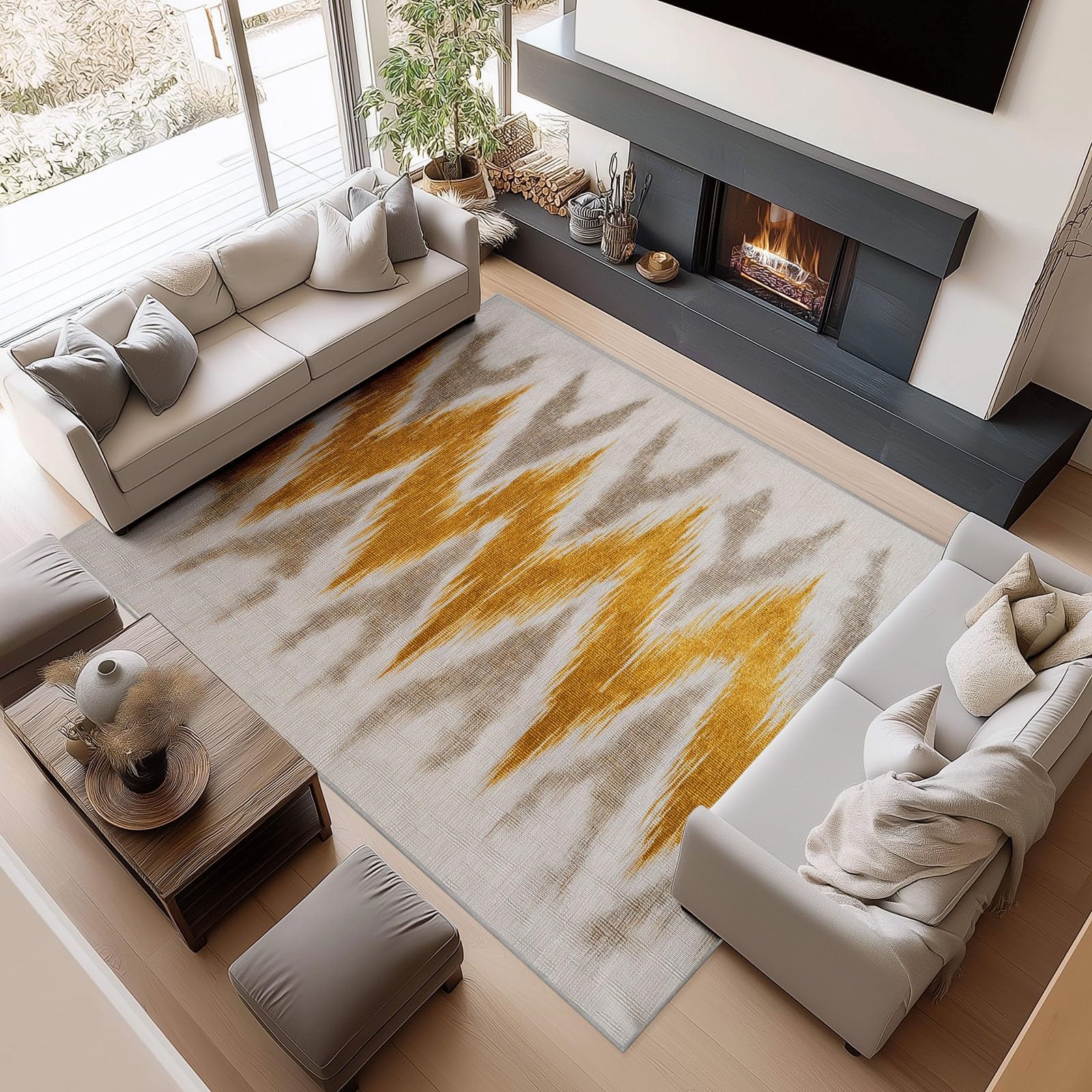 Tapis fin chevron jaune résout le blocage des portes entrée et salon 140x210