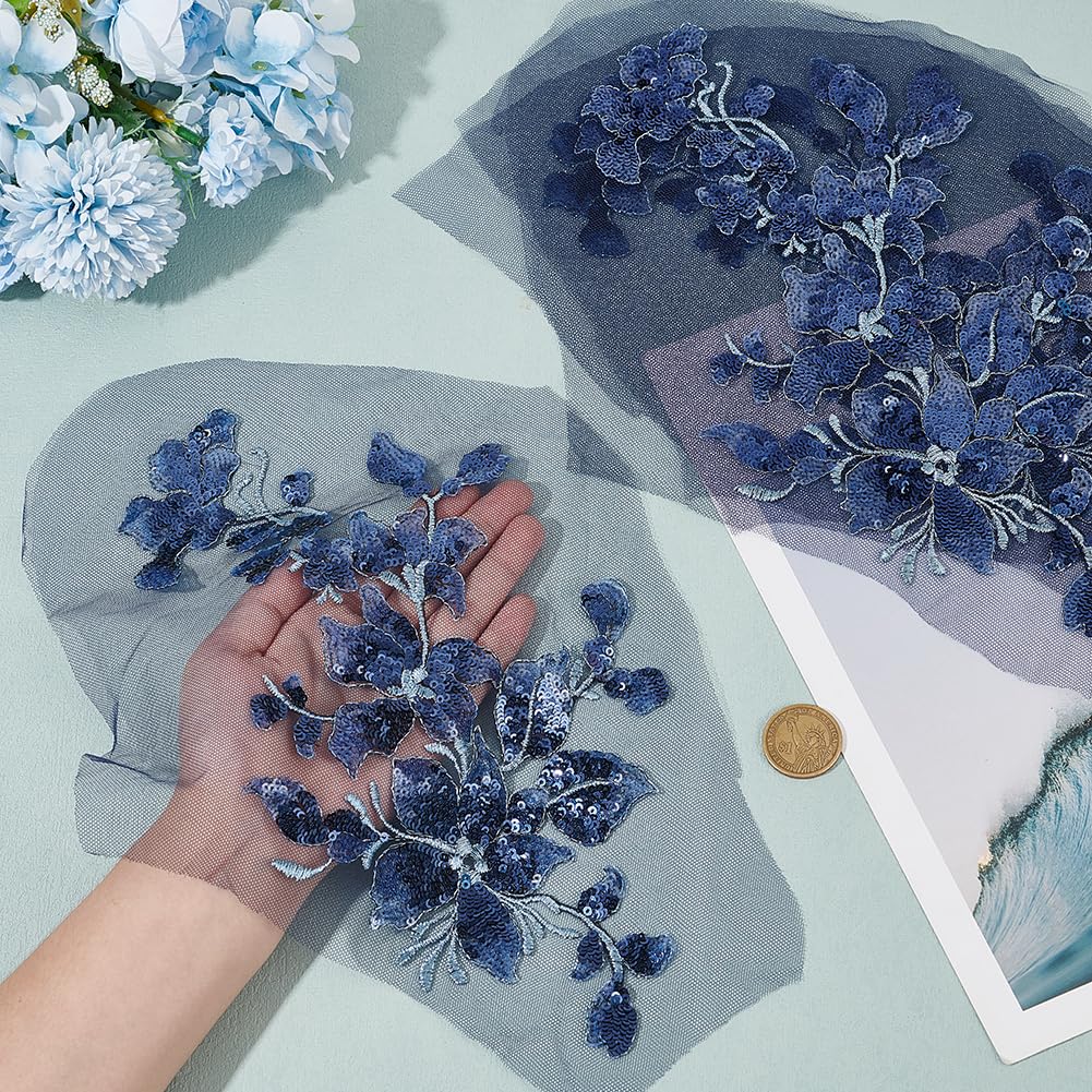 4 Piezas Bordado Lentejuelas Apliques de Encaje Hojas Azules Flores Parches Poliéster Decorativos Apliques Florales Vestidos Decoraciones de Costura para Tela Bricolaje Manualidades