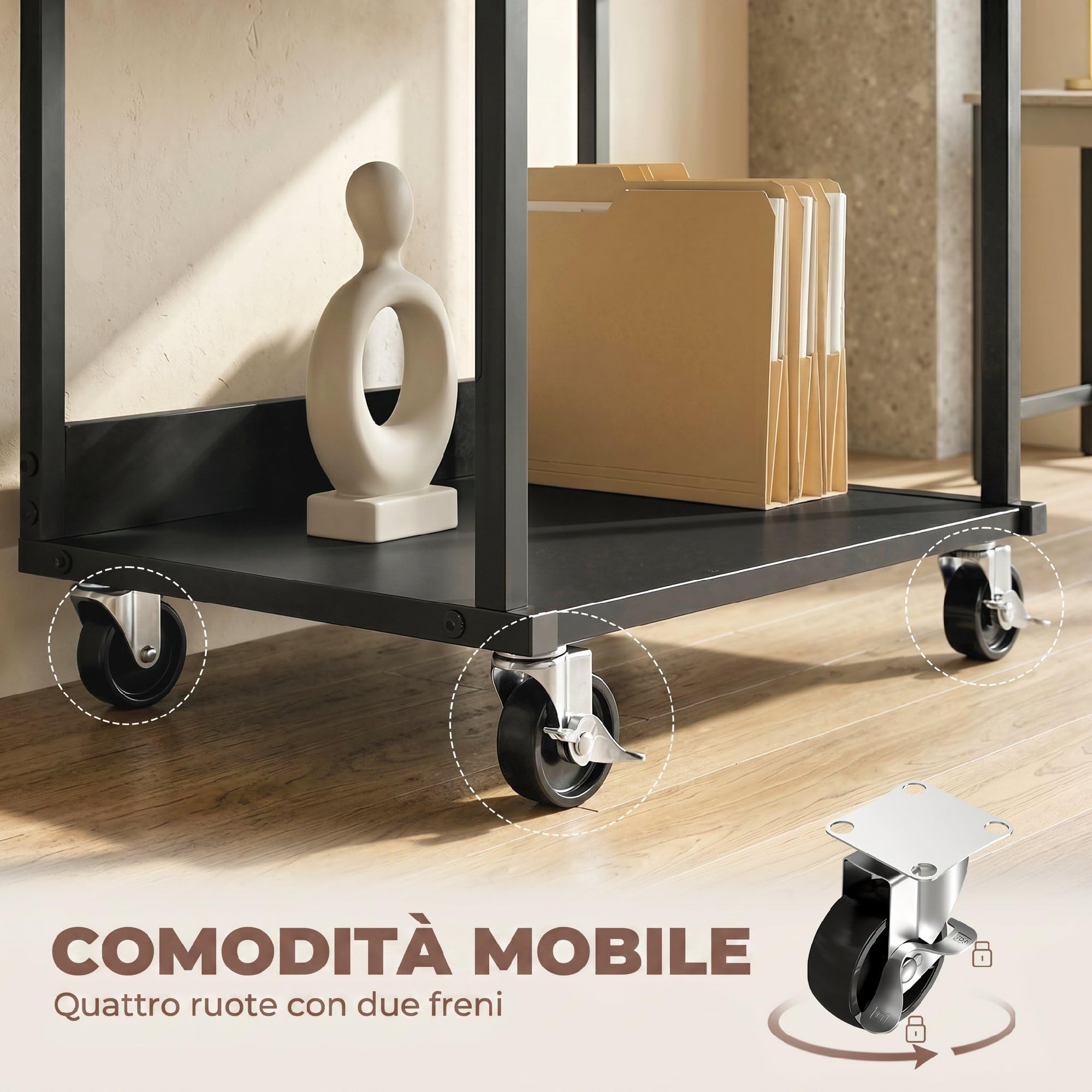 HOMCOM Carrello Porta Stampante a 3 Livelli, Supporto Stampante con Ruote con Freno, Salvaspazio in Metallo e Legno, per Casa, Studio, Ufficio, Industriale, 50x40x75cm, Nero