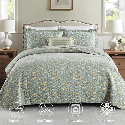 Miniatura 2 de Finlonte Colchas tamaño Queen 100% algodón ligero suave Queen Colcha Vintage Botánico Acolchado Colcha Azul Edredón Beige Floral Reversible Juego de