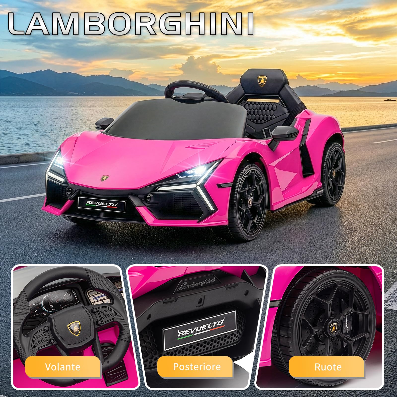 LALAHO Auto elettrica per bambini LAMBORGHINI REVUELTO 12 V (Rosa) | Doppi Motori, Telecomando 2.4 GHz, MP3, Sospensioni, Auto Elettrica per Bambini 3-5 Ann