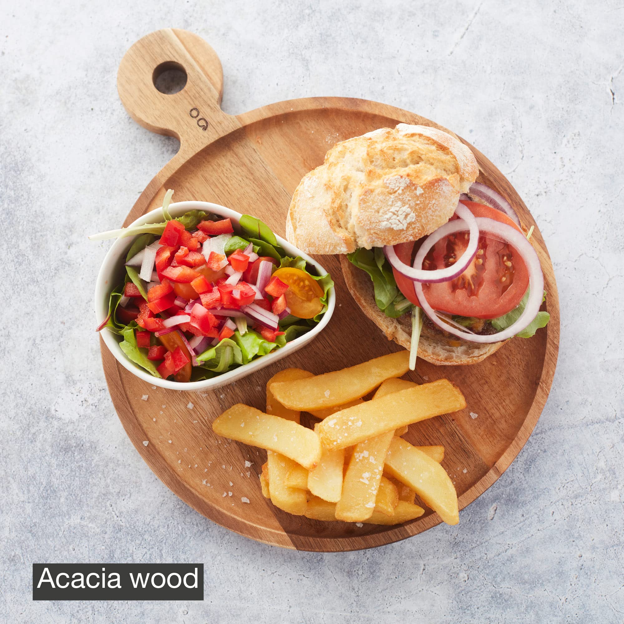 Point-Virgule planche apero en bois d'acacia ronde avec poignée, planche à hamburger, 25cm, Brun