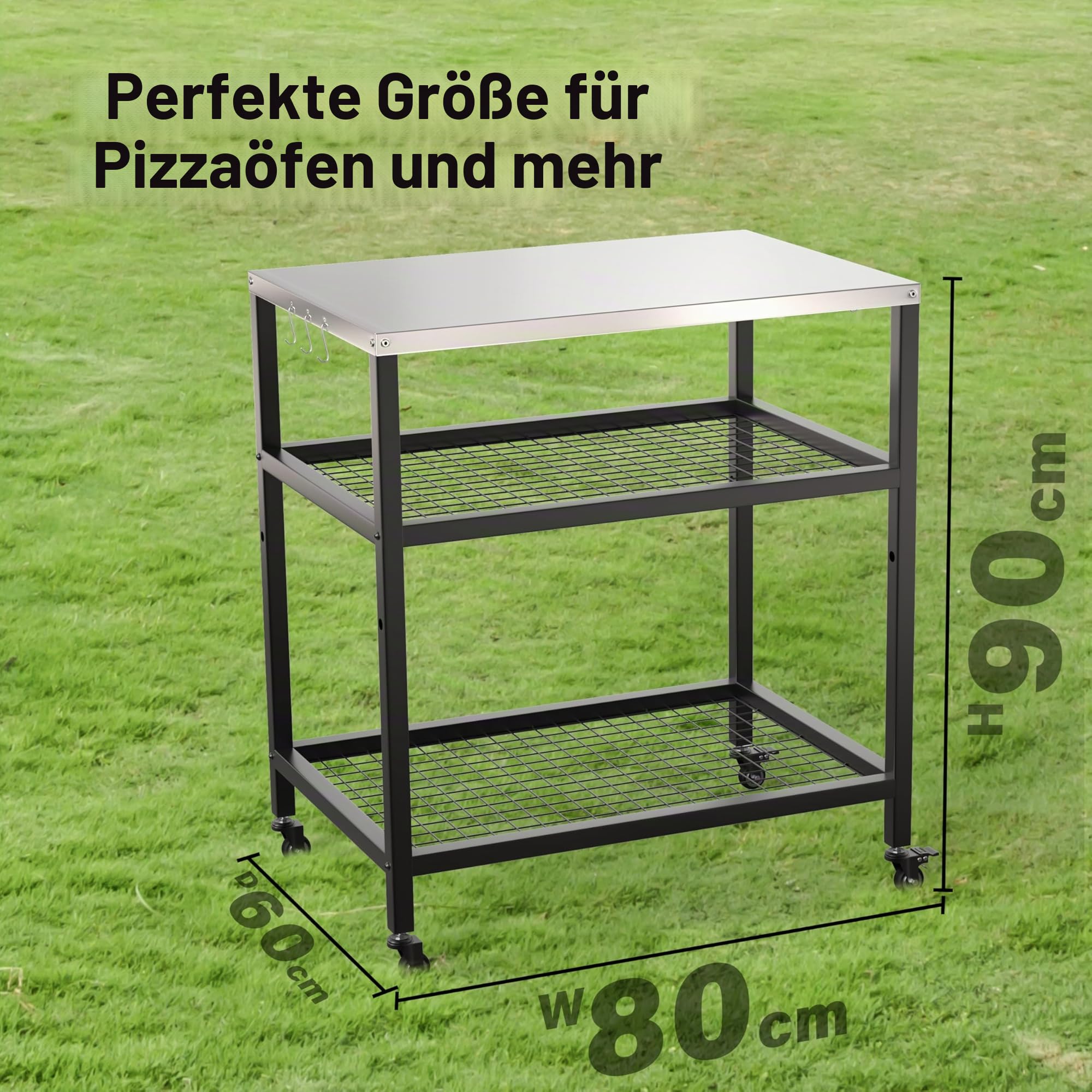 Pizzaofenständer für den Außenbereich, Grillwagen, Tisch, Pizzaofen, Trolleyständer, Edelstahltisch auf Rädern, Esstisch, Vorbereitungstisch, Grillständer für Küche, Terrasse, Hinterhof, Garten, 80 x