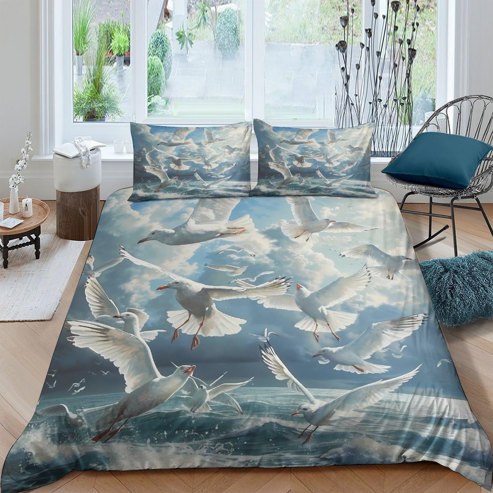 Ctjqhvkz Style-4 3D Printed Seagull Ocean Fitted Sheet Microfiber Soft Blue Sky Mattress Cover For Bedroom Guest Room Decor Single（135X200cm）