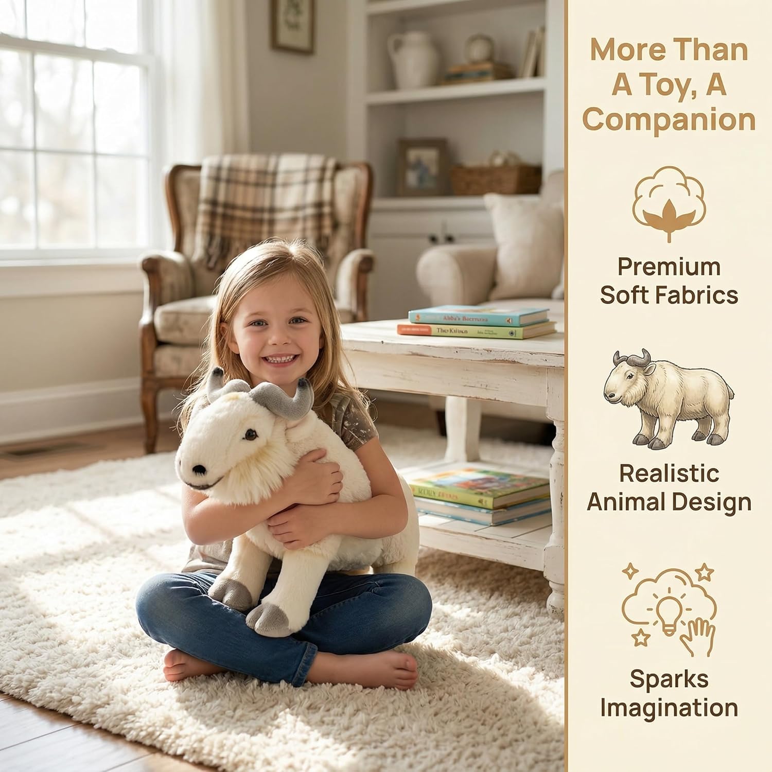Takin Plush Toy - Lifelike 14” Takin Stuffed Animals, Soft Wild Animals Crawling Takin Stuffed Toys, Unique Plushie Toys Model Dolls Collection for Kids