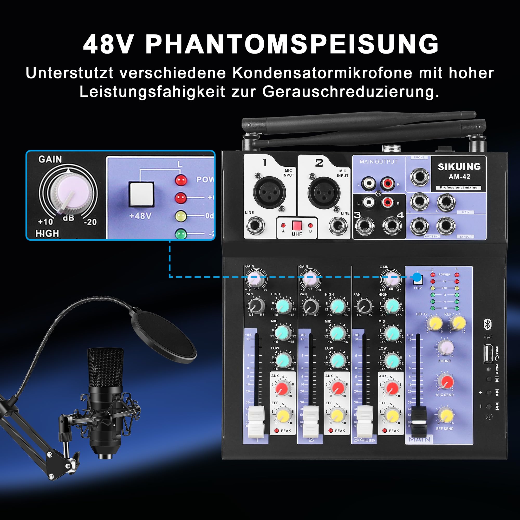 Audio-Mixer mit 2 drahtlosen Mikrofonen,4-Kanal professionelles DJ-Mischpult Soundboard mit Bluetooth/USB,48V Phantomspeisung,kompatibel mit Computer,Karaoke,Party,Meeting,Studio Aufnahme