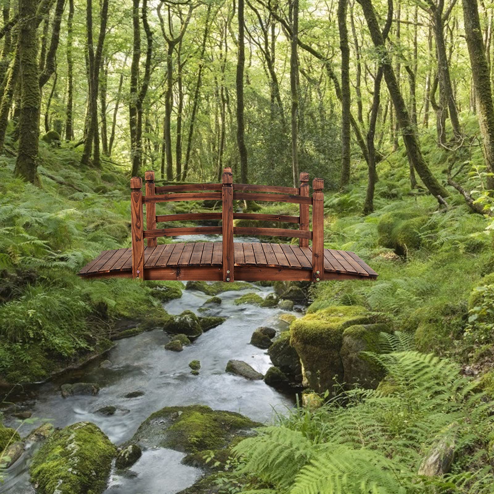GOPLUS Pont en Bois Rustique et Massif avec Main Courante, Décoration de Jardin Pont d'Étang, Supporte de Poids Maximum 100 KG, 150 x 67 x 55CM (Brun)