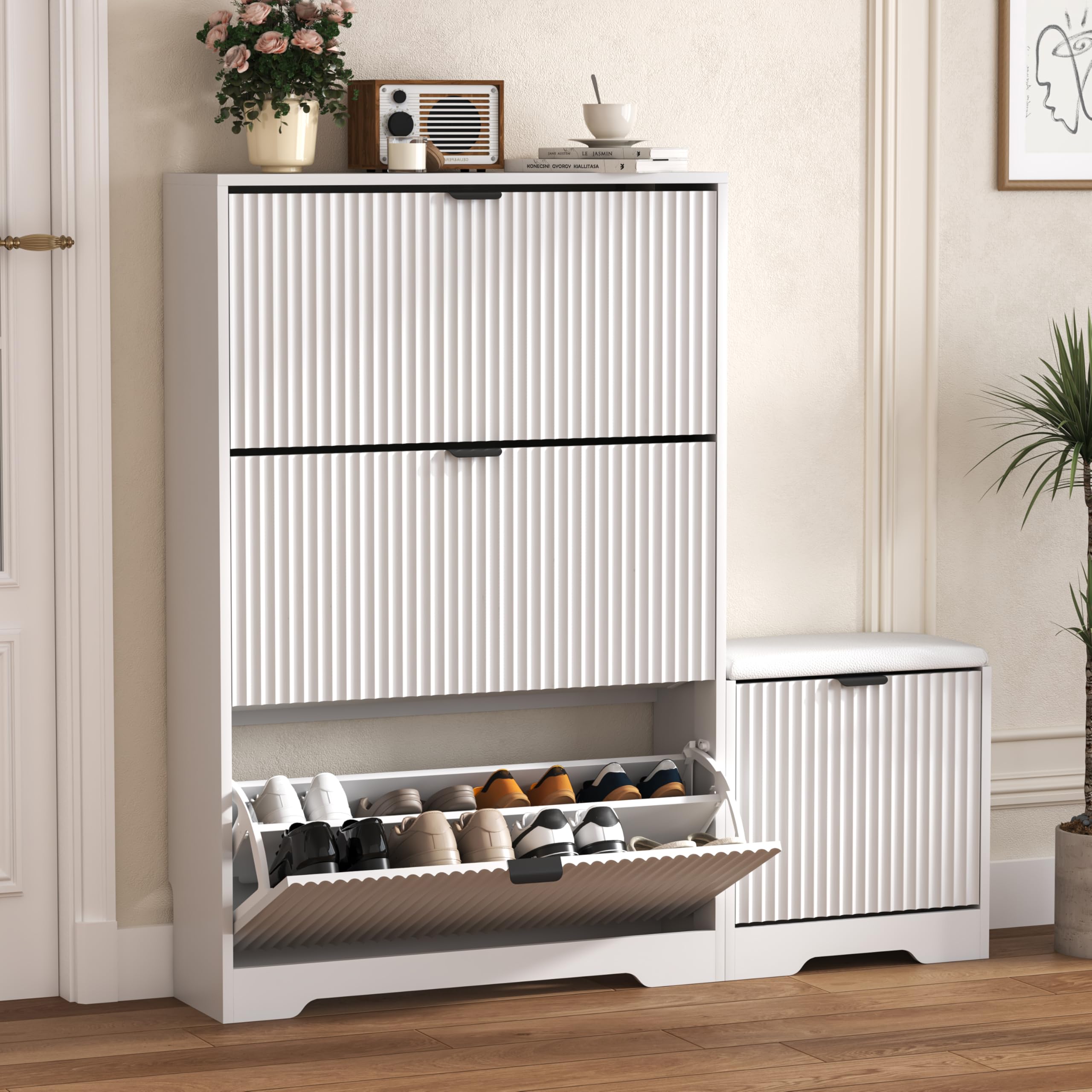 HUANLEGO Shoe Cabinet Storage for Entryway with Flip Drawer &amp; Bench, White