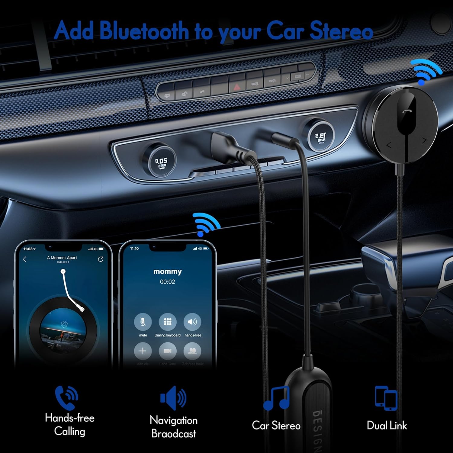 Image showing the BESIGN BK01 Bluetooth Car Kit connected in a car, with a smartphone displaying hands-free calling and music streaming interfaces. The image illustrates how to add Bluetooth to a car stereo for hands-free calls, navigation, and music.