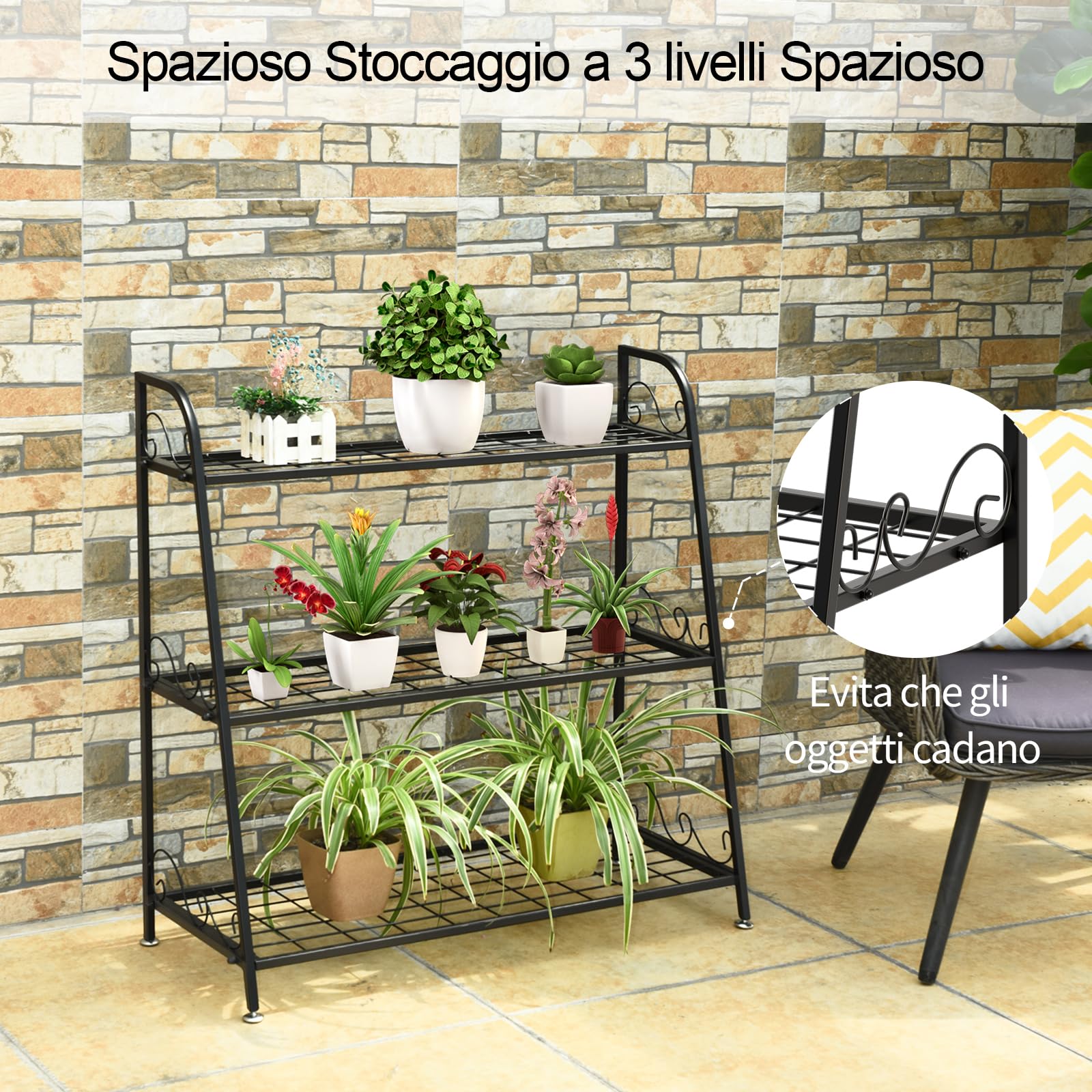 COSTWAY Scaffale Piante da Interno ed Esterno, Porta Fiori di Metallo a 3 Livelli con Piedini Regolabili, Porta Vasi per Giardino, Balcone e Soggiorno, 81 x 35 x 82 cm