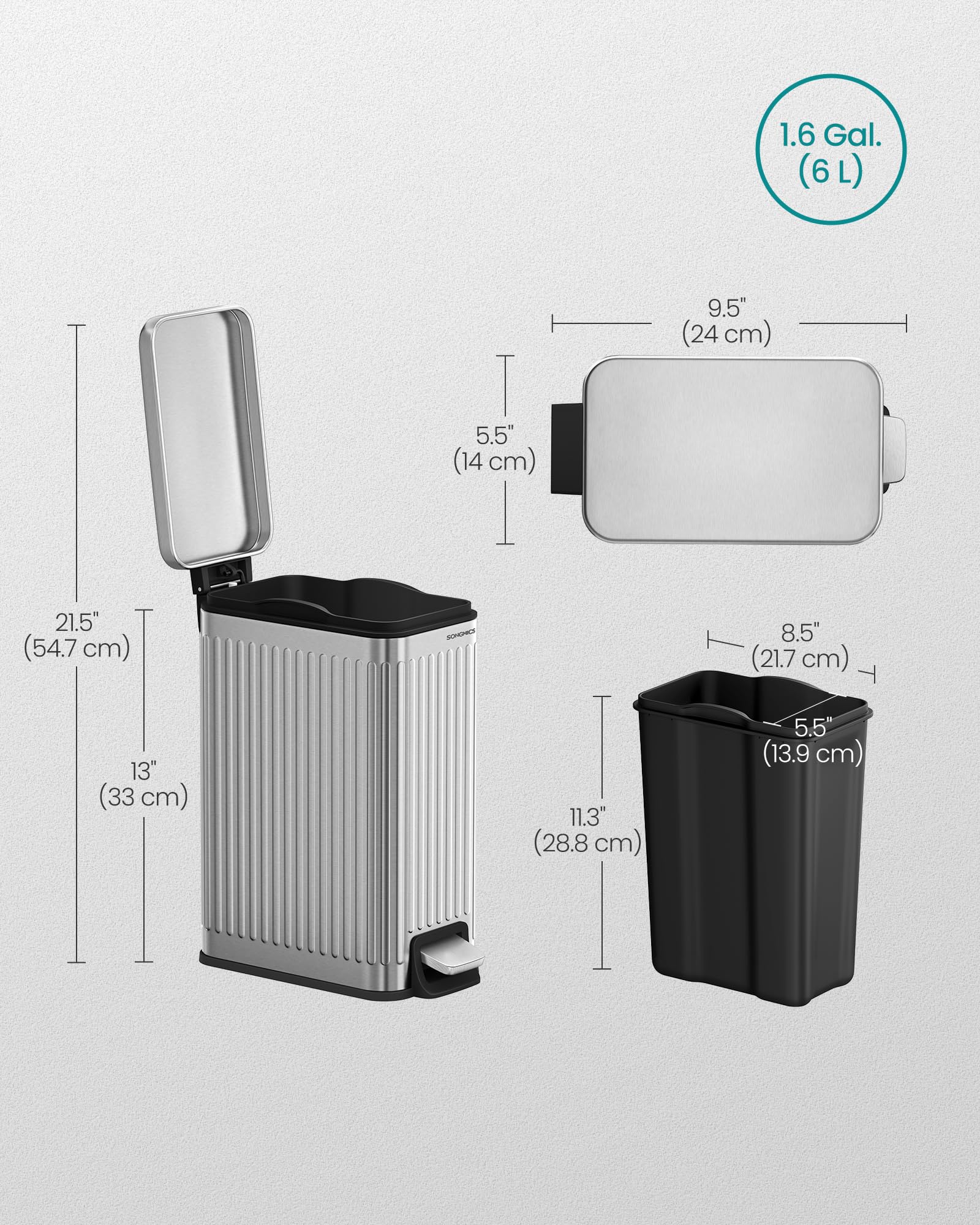 SONGMICS Badezimmer-Mülleimer, 6 l, Mülleimer mit Deckel, schmal für kleine Räume, Edelstahl-Mülleimer, Soft-Close, Silber ULTB563E01