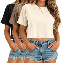 KEEPSHOWING Women's Crop Top Shirts Short Sleeve Crew Neck Loose Fit Cropped Tee for Summer Casual