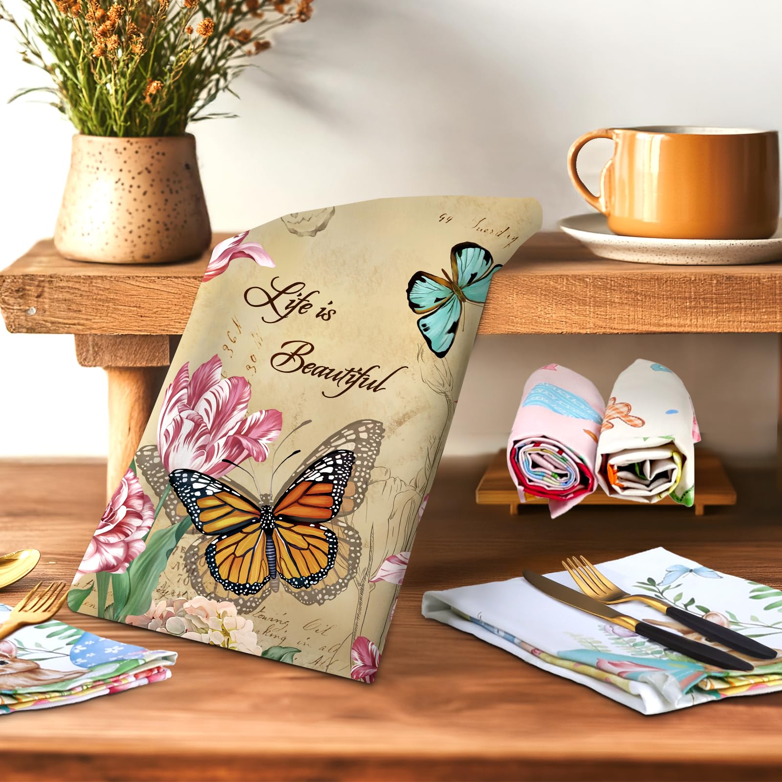 Whaline Lot De 4 Torchons De Cuisine D'automne à Carreaux Verts Et Marron - Torchon Rétro Pour Thanksgiving - Récolte D'automne - Torchon De Séchage Des Mains Pour Les Vacances D'automne