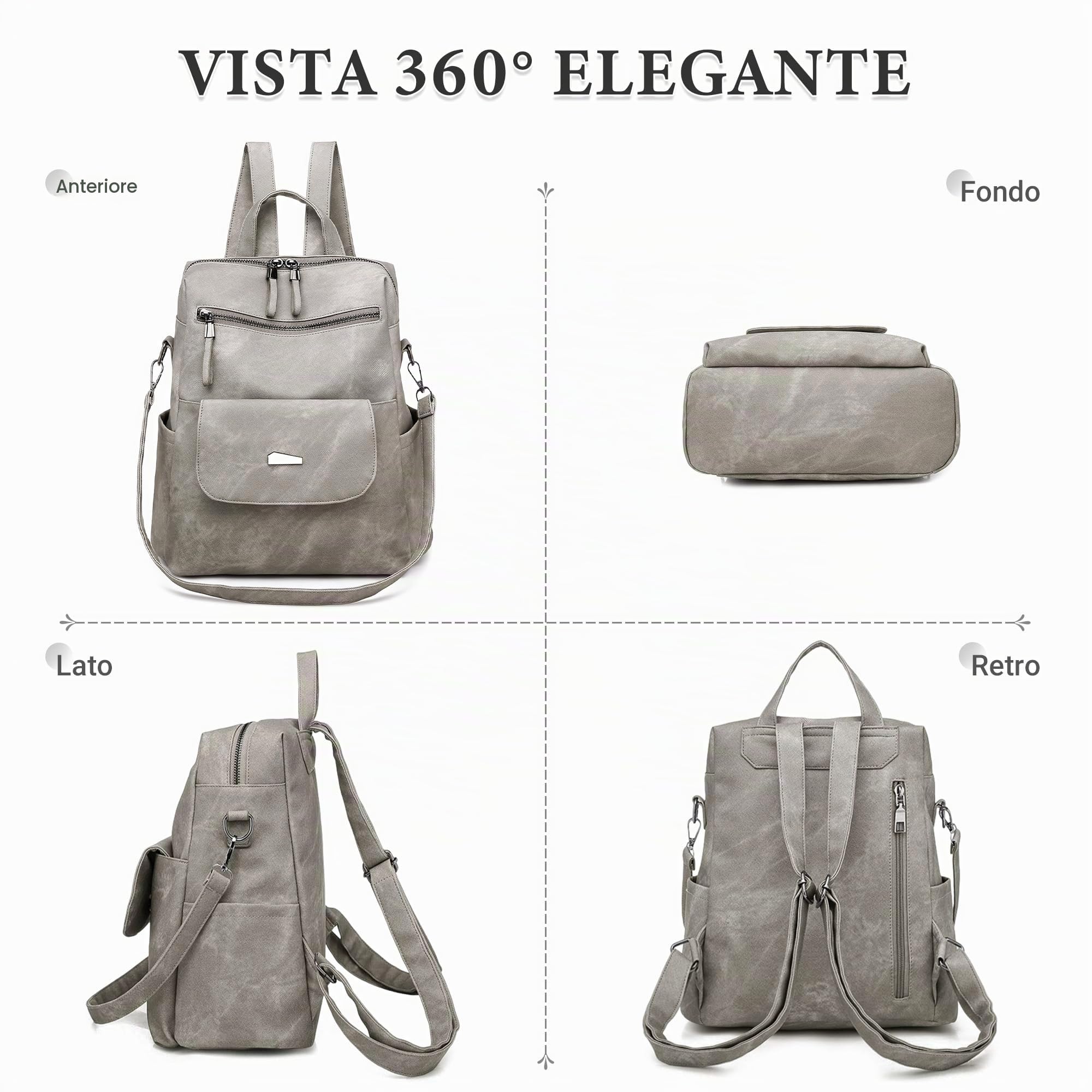 DIRRONA Zaino da Donna Casuale Zaino Donna Alta Capacità Borse a Tracolla Pelle PU Antifurto Impermeabile Daypack Scuola Viaggio Lavoro Borsa Grigio