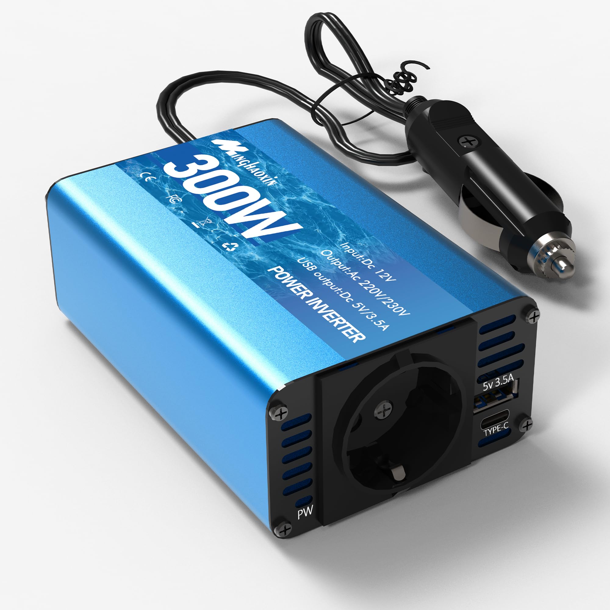 300W Wechselrichter 12V auf 230V Spannungswandler | TYPE-C & USB Anschluss, Autostecker Adapter, Steckdosenkonverter, Für Roadtrips und Camping