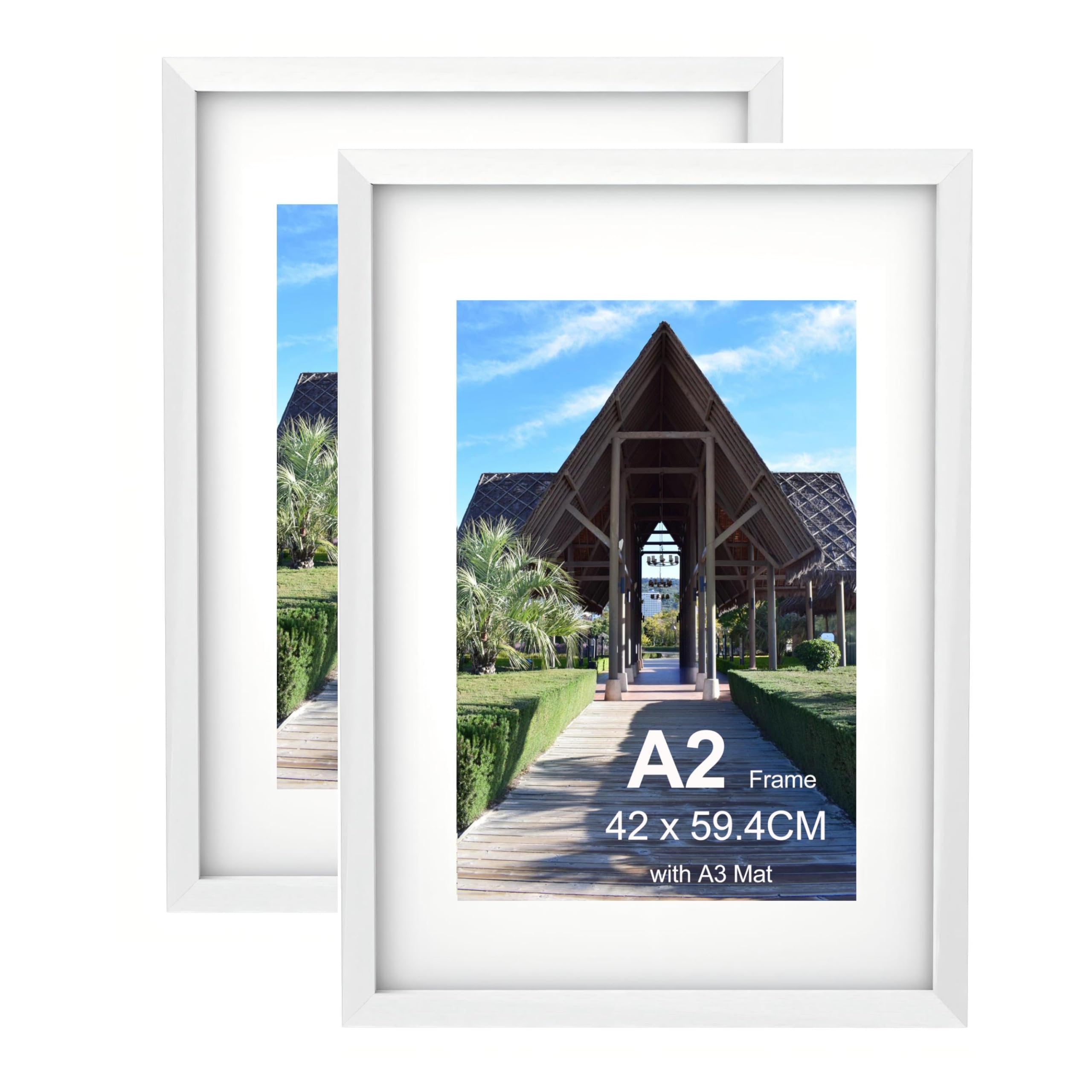 Szyeequoo A2 Picture Frames White 2 Pack, Large 42 x 59.4 cm Wooden Poster Frames with Mount for A3 29.7 x 42 cm Display, Clear Acrylic Front, Wall Hanging for Artwork Certificates — image 1
