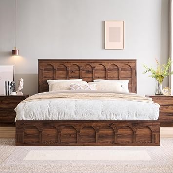 ACCOHOHO Arched King Size Bed Frame Modern with 4 Drawers, Brown