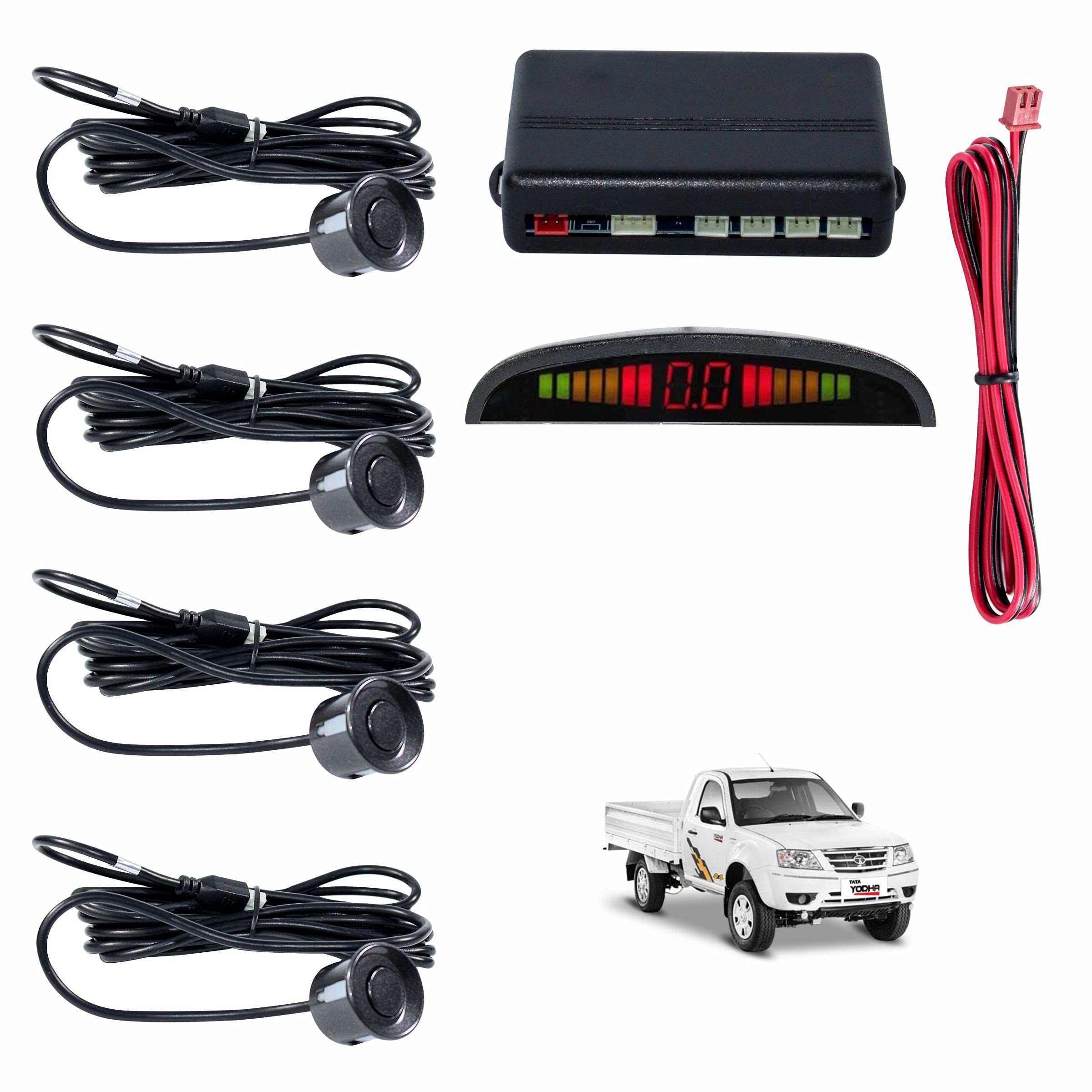 Car Reverse Parking Sensor with LED Display 4 Sensor Reverse Parking Auto Radar Detectors For Tata Yodha (Black)