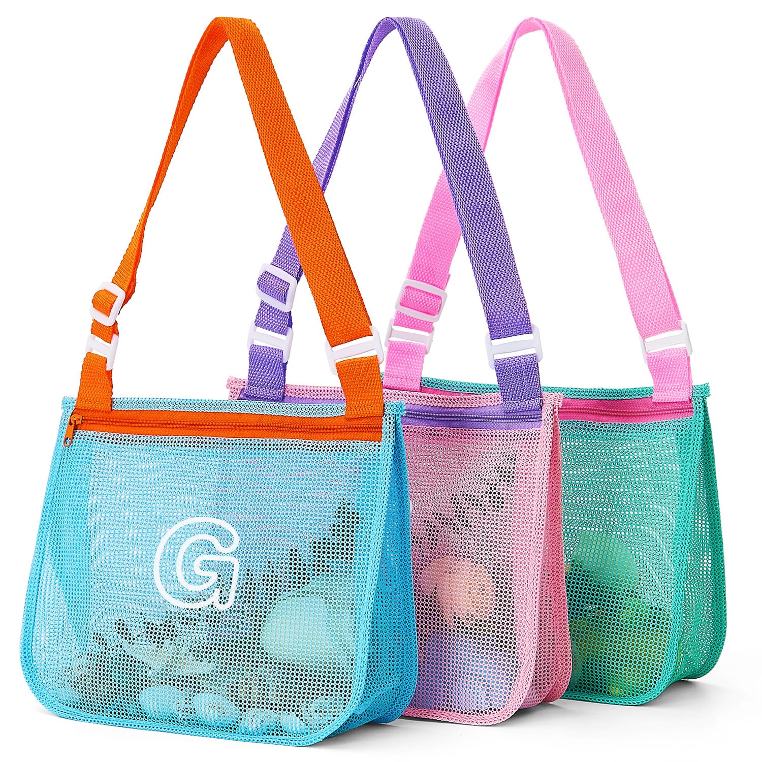 3Pcs Alphabet Printed Seashell Bags, Lightweight & Foldable Kids Beach Toy Mesh Bags with Adjustable Straps, Portable for Pool and Beach Essentials-G