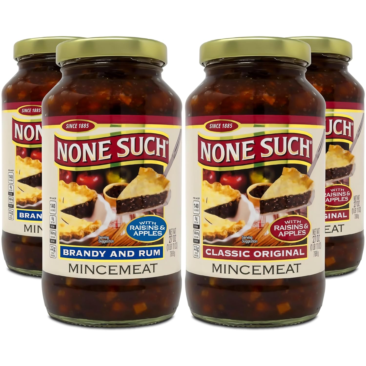 None Such Mincemeat Variety Pack: Classic Original & Brandy Rum Pie Filling, All-Natural Apples Raisins, 27oz Jars 4-Pack