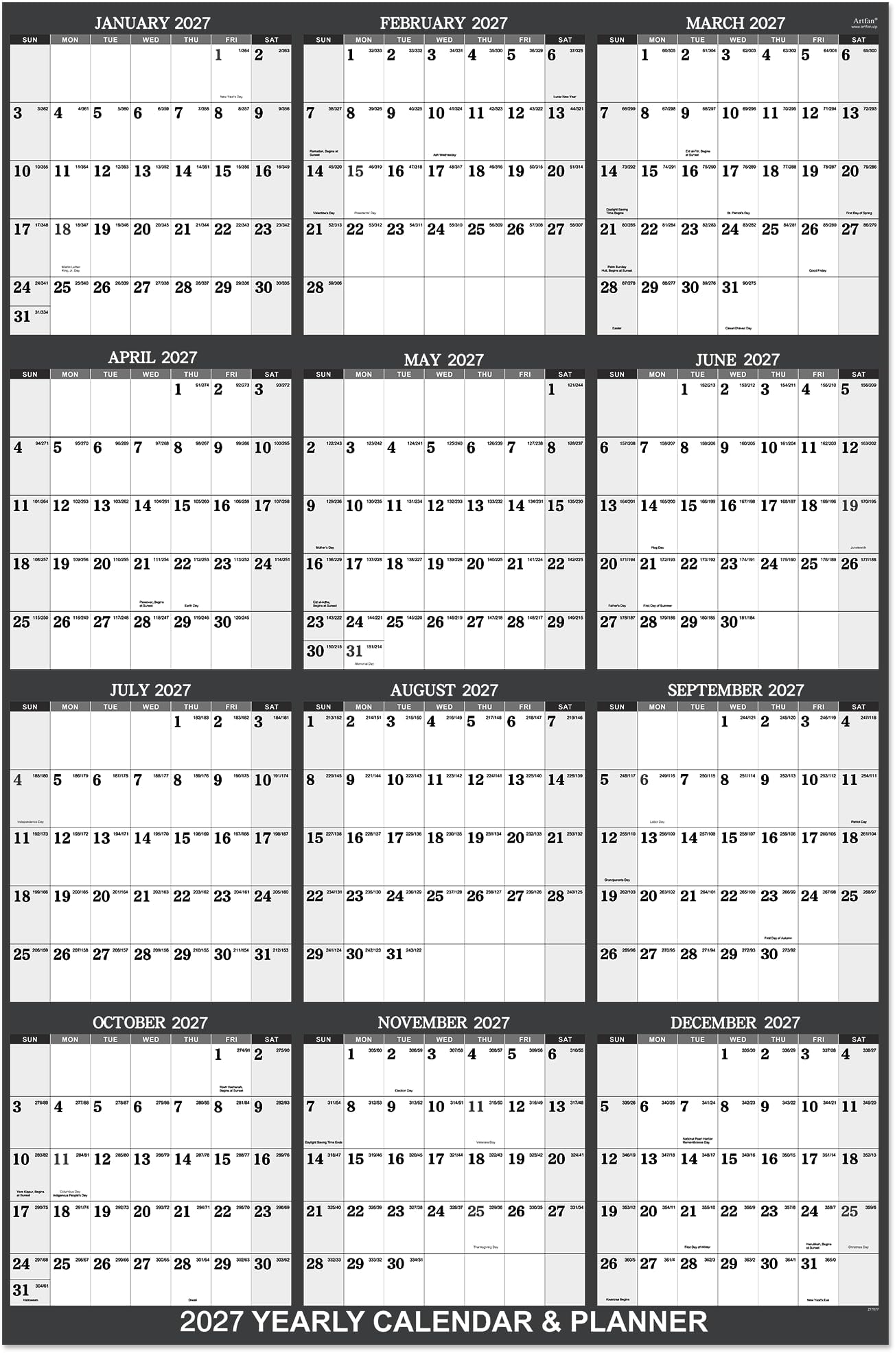 Artfan 2024-2025 Yearly Wall Calendar - 2024-2025 Wall Calendar, Yearly Wall Calendar 2024-2025 with Julian Date, From Jul. 2024 to Jun. 2025, Thick Paper, Vertical, 22.8" x 34.4" (Open) - Gray